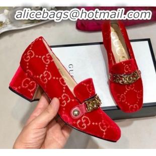 Best Design Gucci Sylvie Chain GG Velvet Mid-heel Pump 525082 Red