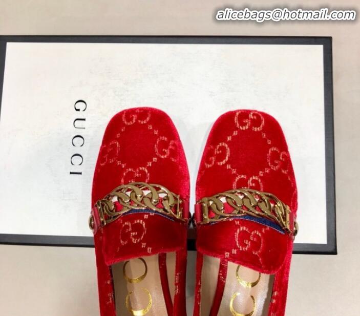 Best Design Gucci Sylvie Chain GG Velvet Mid-heel Pump 525082 Red