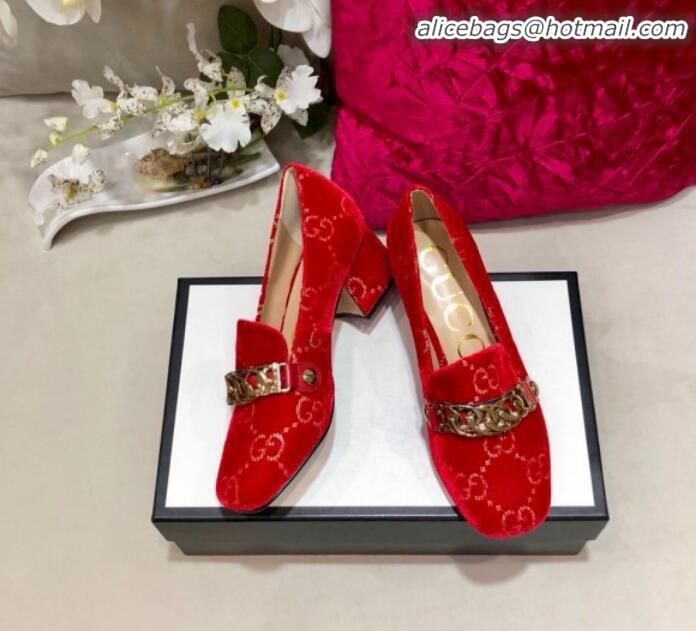 Best Design Gucci Sylvie Chain GG Velvet Mid-heel Pump 525082 Red