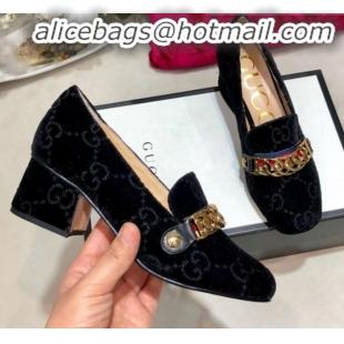 Good Quality Gucci Sylvie Chain GG Velvet Mid-heel Pump 525082 Black