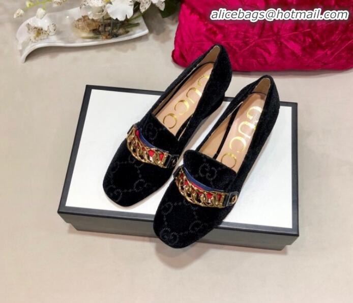 Good Quality Gucci Sylvie Chain GG Velvet Mid-heel Pump 525082 Black