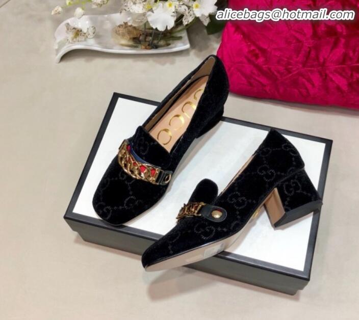 Good Quality Gucci Sylvie Chain GG Velvet Mid-heel Pump 525082 Black