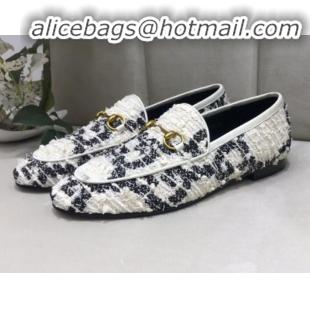 Design Promotion Gucci Jordaan Horsebit GG Tweed Flat Loafers 431467 White