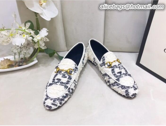 Design Promotion Gucci Jordaan Horsebit GG Tweed Flat Loafers 431467 White