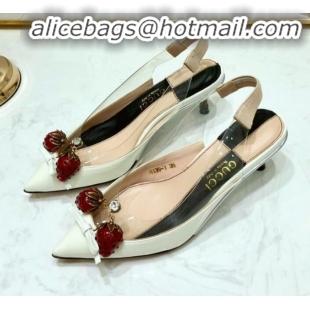 Pretty Style Gucci Patent Leather Strawberry Charm Bamboo Heel Slingback Pumps G10130 White