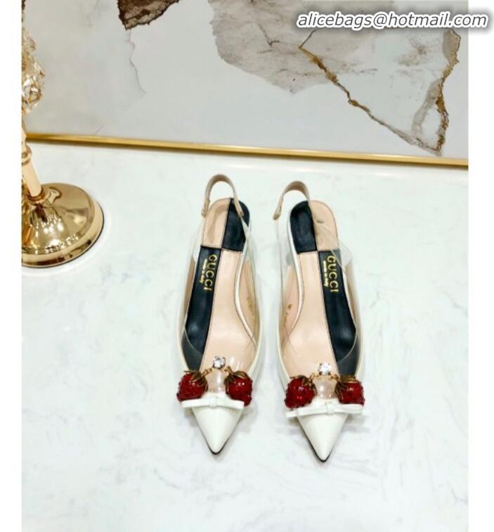 Pretty Style Gucci Patent Leather Strawberry Charm Bamboo Heel Slingback Pumps G10130 White