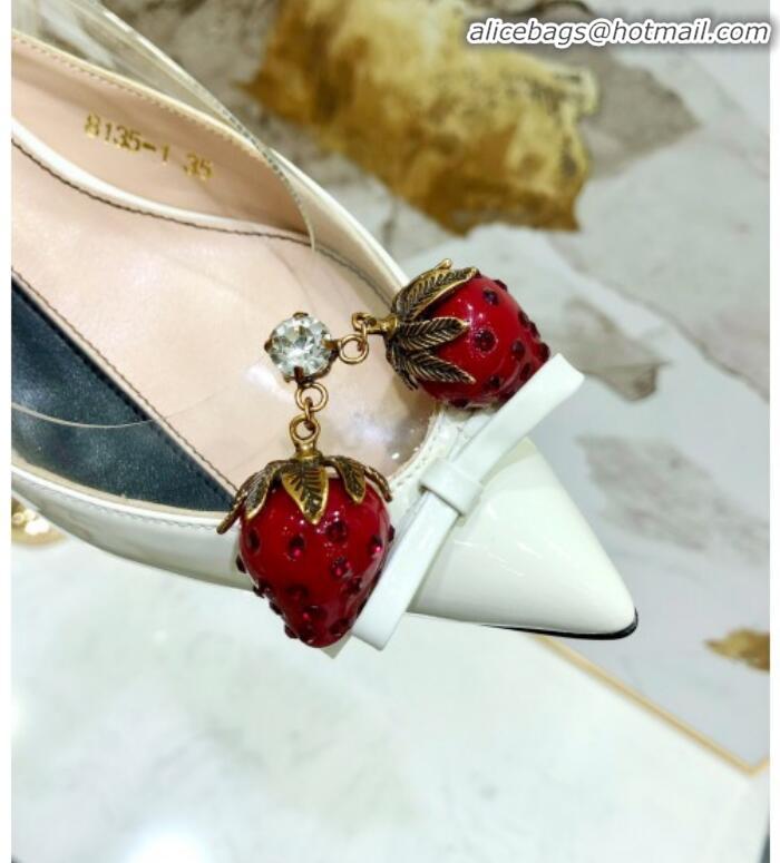 Pretty Style Gucci Patent Leather Strawberry Charm Bamboo Heel Slingback Pumps G10130 White