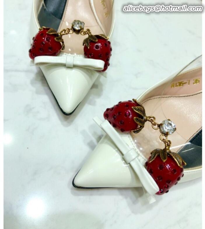 Pretty Style Gucci Patent Leather Strawberry Charm Bamboo Heel Slingback Pumps G10130 White