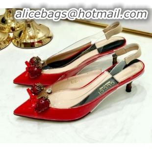 Best Quality Gucci Patent Leather Strawberry Charm Bamboo Heel Slingback Pumps G10130 Red