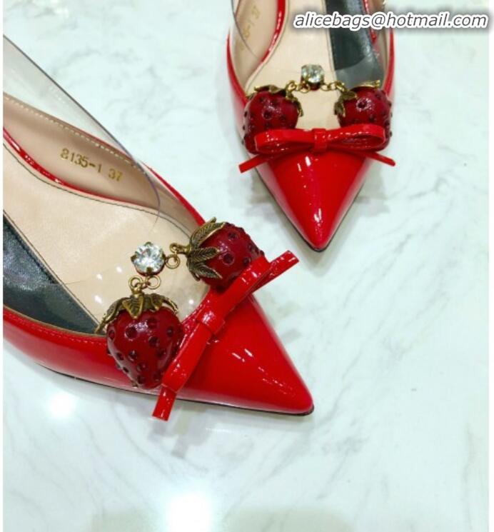 Best Quality Gucci Patent Leather Strawberry Charm Bamboo Heel Slingback Pumps G10130 Red