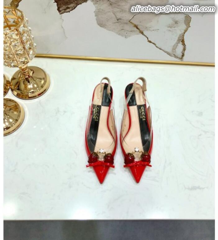 Best Quality Gucci Patent Leather Strawberry Charm Bamboo Heel Slingback Pumps G10130 Red