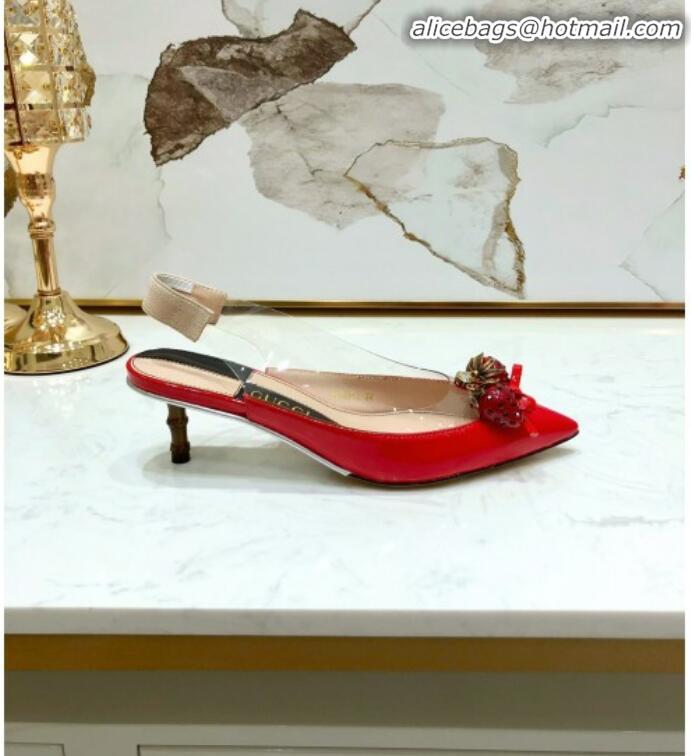 Best Quality Gucci Patent Leather Strawberry Charm Bamboo Heel Slingback Pumps G10130 Red