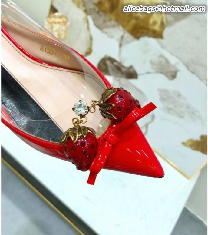 Best Quality Gucci Patent Leather Strawberry Charm Bamboo Heel Slingback Pumps G10130 Red