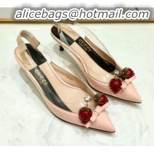 Shop Duplicate Gucci Patent Leather Strawberry Charm Bamboo Heel Slingback Pumps G10130 Pink