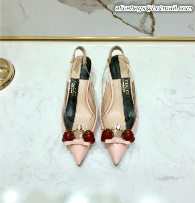 Shop Duplicate Gucci Patent Leather Strawberry Charm Bamboo Heel Slingback Pumps G10130 Pink