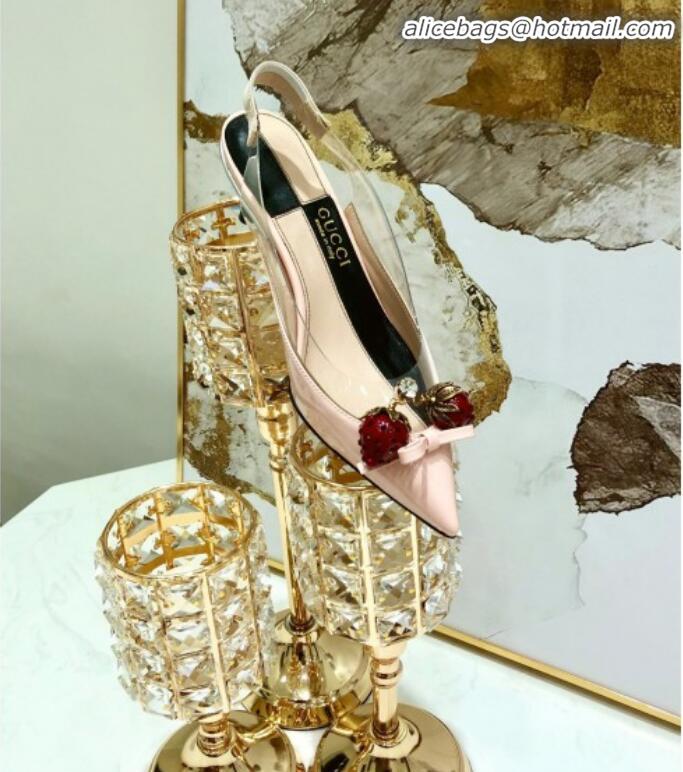 Shop Duplicate Gucci Patent Leather Strawberry Charm Bamboo Heel Slingback Pumps G10130 Pink