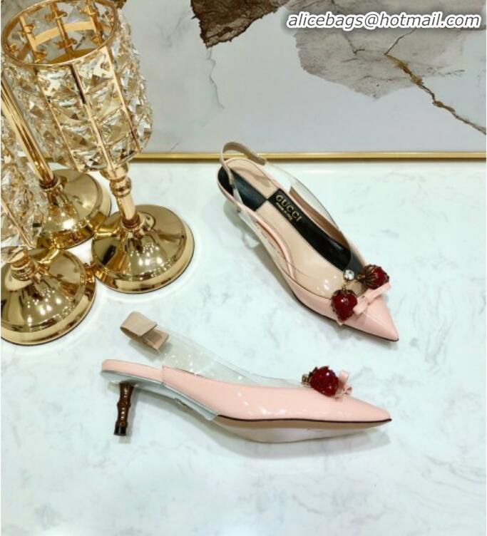 Shop Duplicate Gucci Patent Leather Strawberry Charm Bamboo Heel Slingback Pumps G10130 Pink