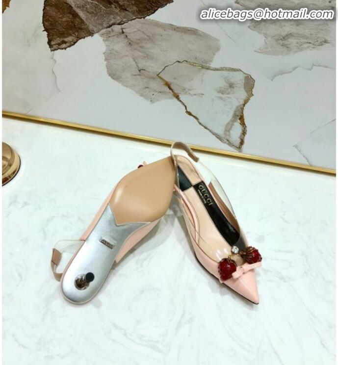 Shop Duplicate Gucci Patent Leather Strawberry Charm Bamboo Heel Slingback Pumps G10130 Pink