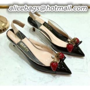 Good Looking Gucci Patent Leather Strawberry Charm Bamboo Heel Slingback Pumps G10130 Black