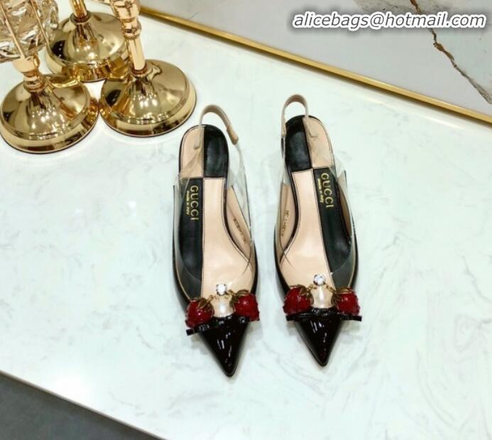 Good Looking Gucci Patent Leather Strawberry Charm Bamboo Heel Slingback Pumps G10130 Black