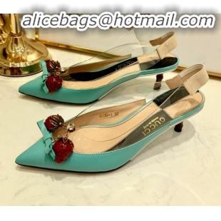 Best Product Gucci Lambskin Strawberry Charm Bamboo Heel Slingback Pumps G10130 Blue