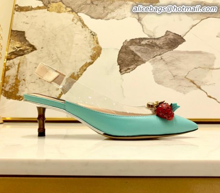 Best Product Gucci Lambskin Strawberry Charm Bamboo Heel Slingback Pumps G10130 Blue