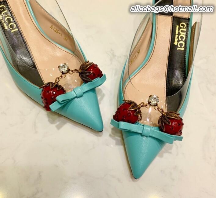 Best Product Gucci Lambskin Strawberry Charm Bamboo Heel Slingback Pumps G10130 Blue