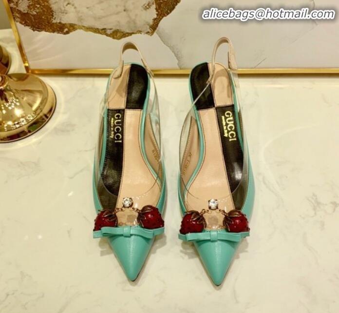 Best Product Gucci Lambskin Strawberry Charm Bamboo Heel Slingback Pumps G10130 Blue