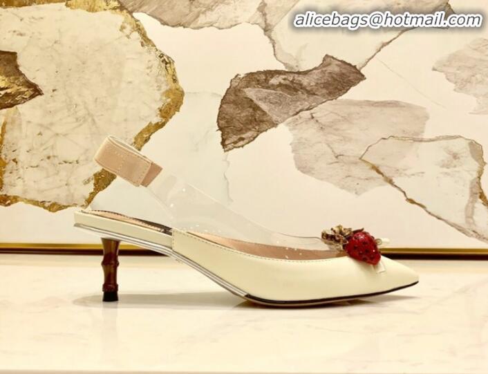 Top Design Gucci Lambskin Strawberry Charm Bamboo Heel Slingback Pumps G10130 White