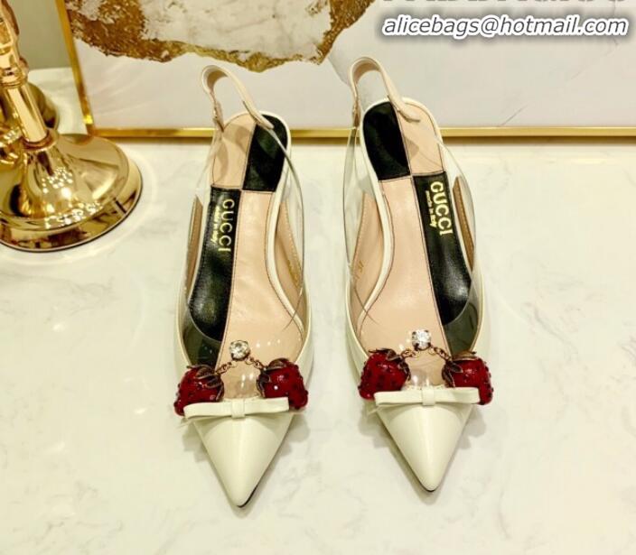 Top Design Gucci Lambskin Strawberry Charm Bamboo Heel Slingback Pumps G10130 White