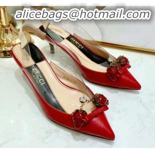 Luxury Discount Gucci Lambskin Strawberry Charm Bamboo Heel Slingback Pumps G10130 Red