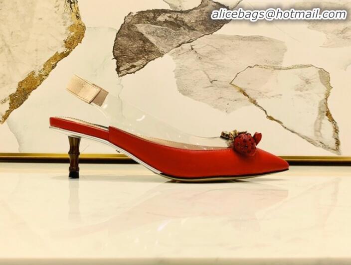 Luxury Discount Gucci Lambskin Strawberry Charm Bamboo Heel Slingback Pumps G10130 Red