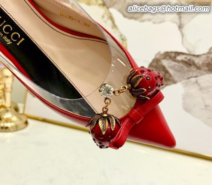 Luxury Discount Gucci Lambskin Strawberry Charm Bamboo Heel Slingback Pumps G10130 Red