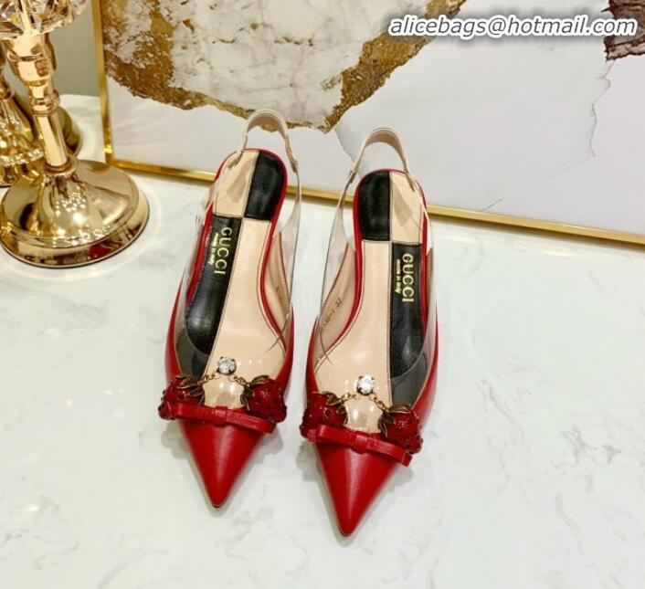 Luxury Discount Gucci Lambskin Strawberry Charm Bamboo Heel Slingback Pumps G10130 Red