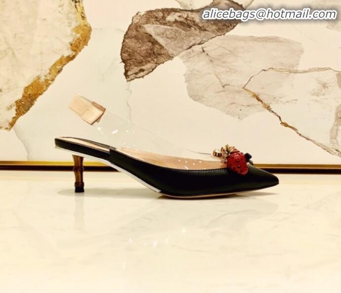 Luxury Gucci Lambskin Strawberry Charm Bamboo Heel Slingback Pumps G10130 Black