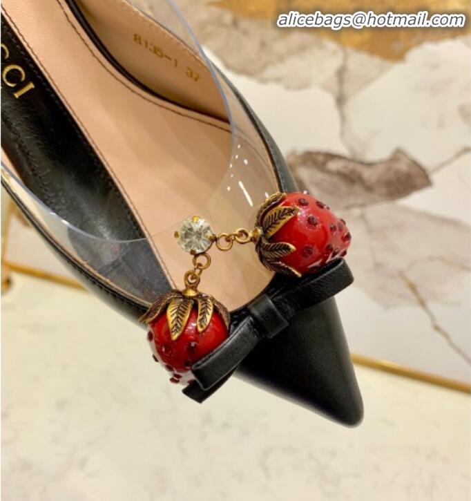 Luxury Gucci Lambskin Strawberry Charm Bamboo Heel Slingback Pumps G10130 Black