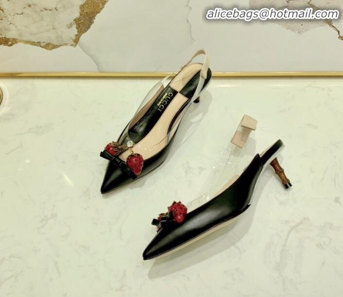 Luxury Gucci Lambskin Strawberry Charm Bamboo Heel Slingback Pumps G10130 Black