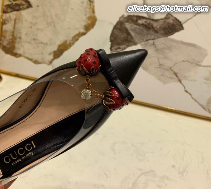 Luxury Gucci Lambskin Strawberry Charm Bamboo Heel Slingback Pumps G10130 Black