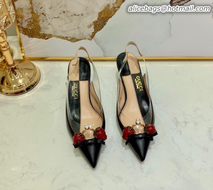 Luxury Gucci Lambskin Strawberry Charm Bamboo Heel Slingback Pumps G10130 Black