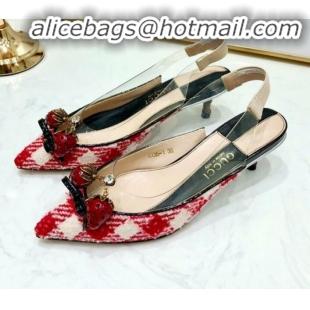 Most Popular Gucci Check Tweed Strawberry Charm Bamboo Heel Slingback Pumps G10138 Red