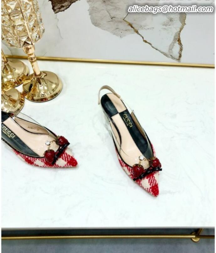 Most Popular Gucci Check Tweed Strawberry Charm Bamboo Heel Slingback Pumps G10138 Red