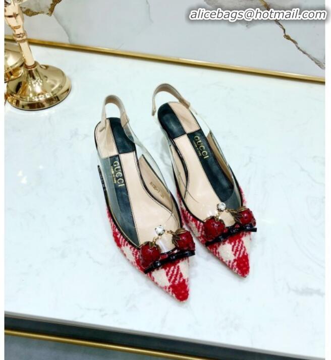 Most Popular Gucci Check Tweed Strawberry Charm Bamboo Heel Slingback Pumps G10138 Red