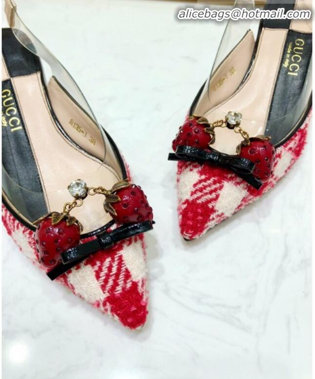 Most Popular Gucci Check Tweed Strawberry Charm Bamboo Heel Slingback Pumps G10138 Red