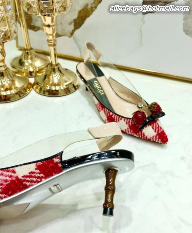 Most Popular Gucci Check Tweed Strawberry Charm Bamboo Heel Slingback Pumps G10138 Red