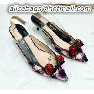 Popular Style Gucci Check Tweed Strawberry Charm Bamboo Heel Slingback Pumps G10138 Blue