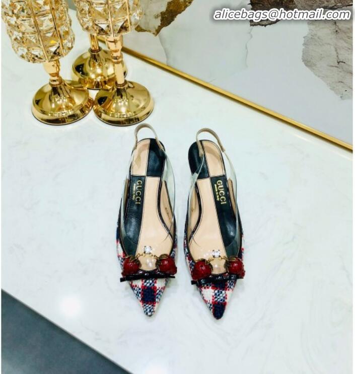 Popular Style Gucci Check Tweed Strawberry Charm Bamboo Heel Slingback Pumps G10138 Blue