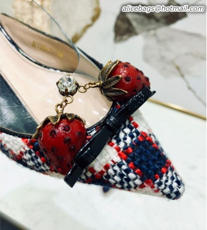 Popular Style Gucci Check Tweed Strawberry Charm Bamboo Heel Slingback Pumps G10138 Blue