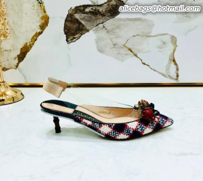 Popular Style Gucci Check Tweed Strawberry Charm Bamboo Heel Slingback Pumps G10138 Blue