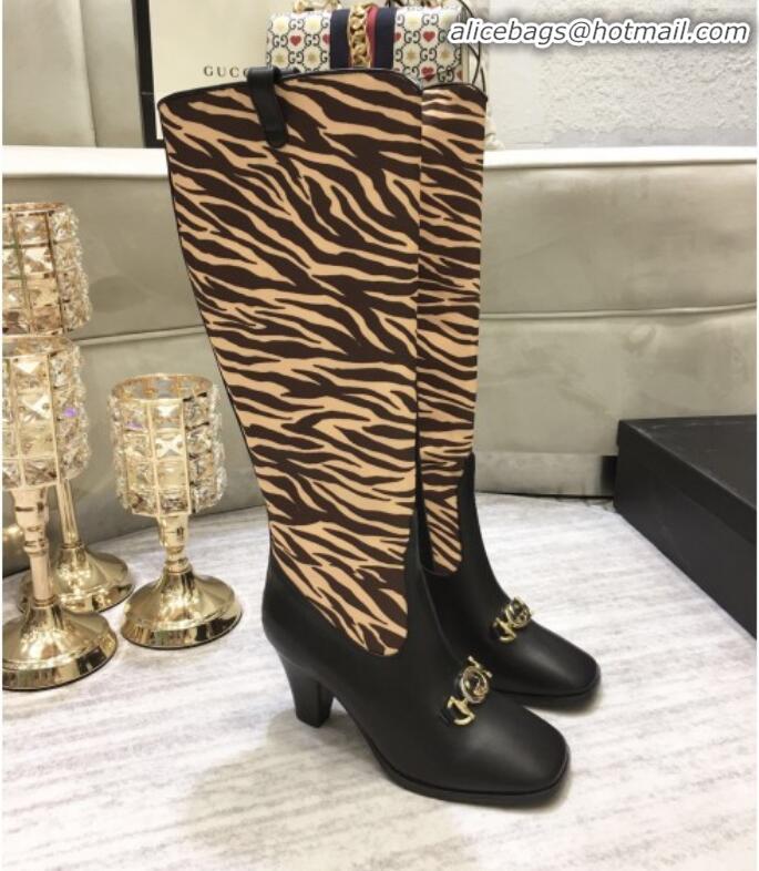 Good Quality Gucci Zumi Horsebit GG Animal Print Mid-Heel Knee High Boot 577652 Yellow