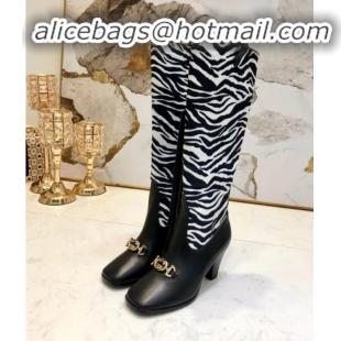 Best Grade Gucci Zumi Horsebit GG Animal Print Mid-Heel Knee High Boot 577652 White/Black